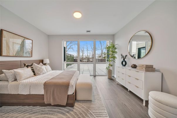Bedroom, Interior, Recessed Lighting, Wood Texture Flooring