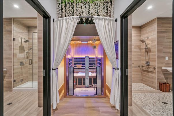 Bathroom, Glass Shower, Interior, Recessed Lighting, Wood Texture Flooring, Wooden Walls