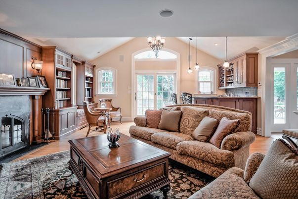 Chandelier, Dining room, Fireplace, Interior, Living room, Pendant Lights, Wood Texture Flooring