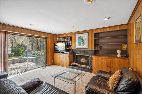 Fireplace, Interior, Living room, Recessed Lighting, Wooden Walls