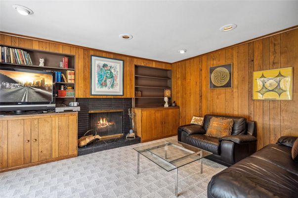 Fireplace, Interior, Living room, Recessed Lighting, Wooden Walls