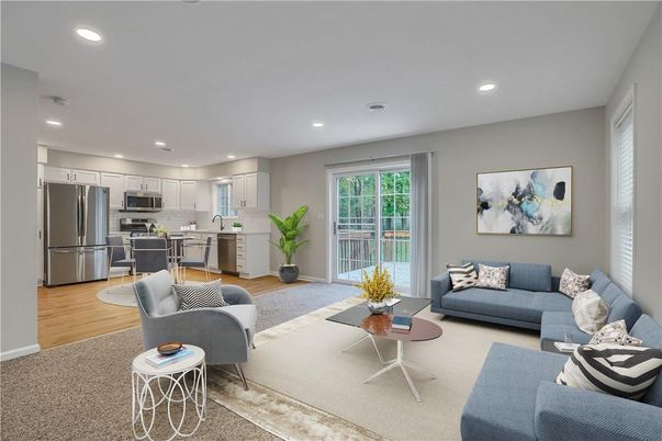 Interior, Kitchen, Living room, Recessed Lighting, Stainless Steel Appliances, Wood Texture Flooring