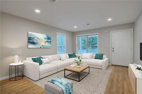 Interior, Living room, Recessed Lighting, Wood Texture Flooring