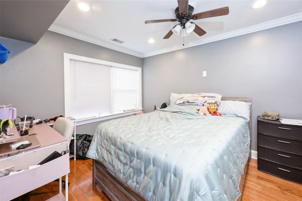 Bedroom, Interior, Recessed Lighting, Wood Texture Flooring