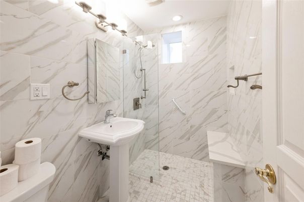 Bathroom, Glass Shower, Interior, Marble Walls, Recessed Lighting