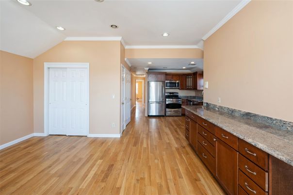 Interior, Kitchen, Recessed Lighting, Stainless Steel Appliances, Wood Texture Flooring