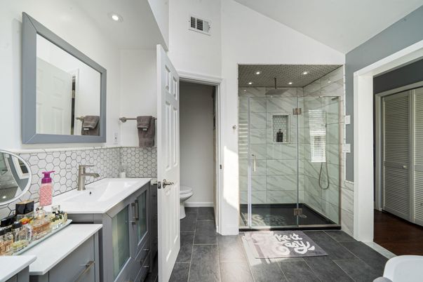 Bathroom, Glass Shower, Interior, Recessed Lighting