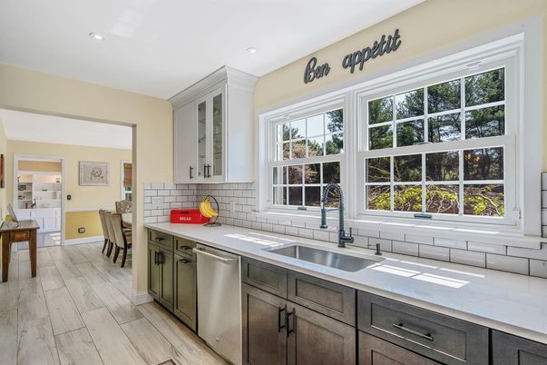 Dining room, Interior, Kitchen, Recessed Lighting, Stainless Steel Appliances, Wood Texture Flooring