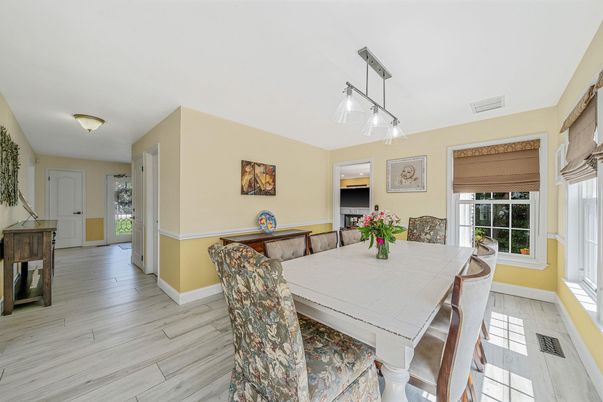 Dining room, Interior, Pendant Lights, Wood Texture Flooring