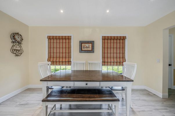 Dining room, Interior, Recessed Lighting, Wood Texture Flooring