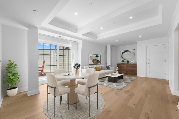 Dining room, Interior, Living room, Recessed Lighting, Wood Texture Flooring