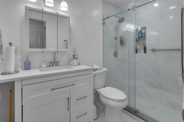 Bathroom, Glass Shower, Interior, Marble Walls, Recessed Lighting