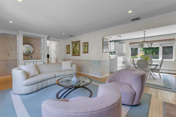 Dining room, Interior, Living room, Pendant Lights, Recessed Lighting, Wood Texture Flooring