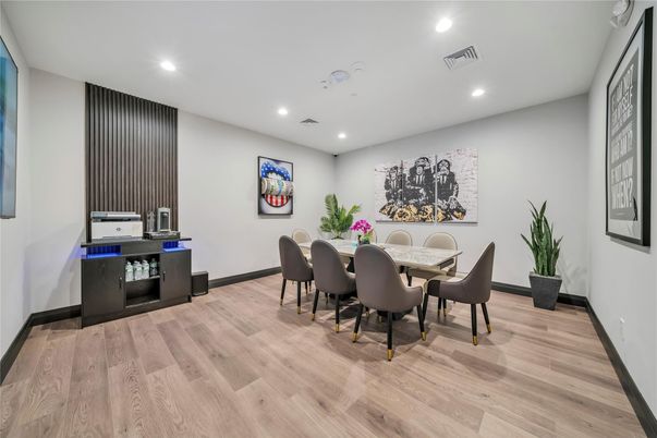 Dining room, Interior, Recessed Lighting, Wood Texture Flooring