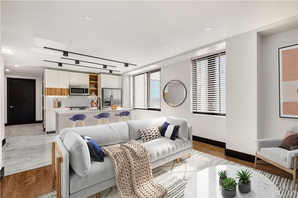 Interior, Kitchen, Living room, Marble, Pendant Lights, Recessed Lighting, Stainless Steel Appliances, Wood Texture Flooring