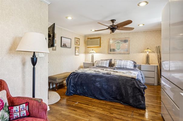 Bedroom, Interior, Recessed Lighting, Wood Texture Flooring