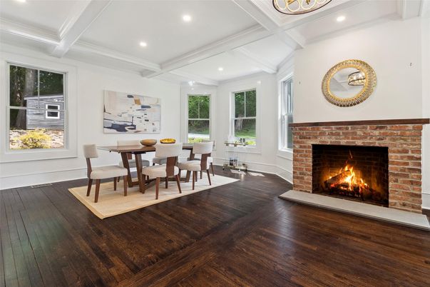 Dining room, Fireplace, Interior, Recessed Lighting, Wood Texture Flooring