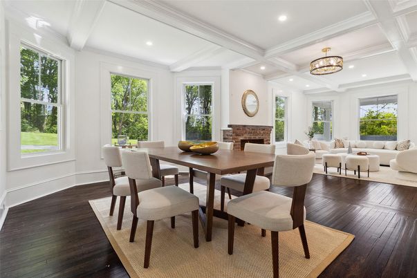 Chandelier, Dining room, Fireplace, Interior, Living room, Recessed Lighting, Wood Texture Flooring