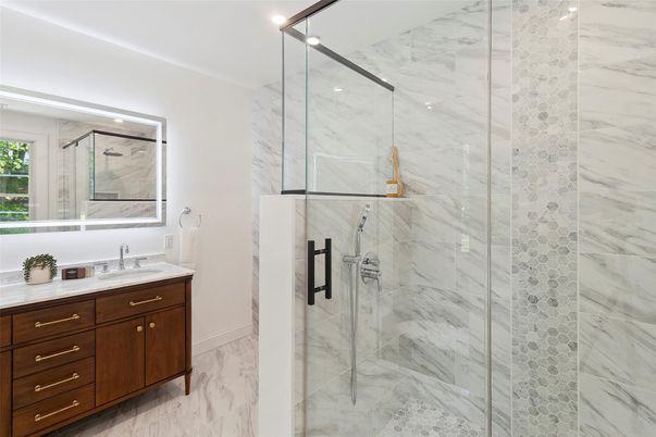 Bathroom, Glass Shower, Interior, Marble, Marble Walls, Recessed Lighting