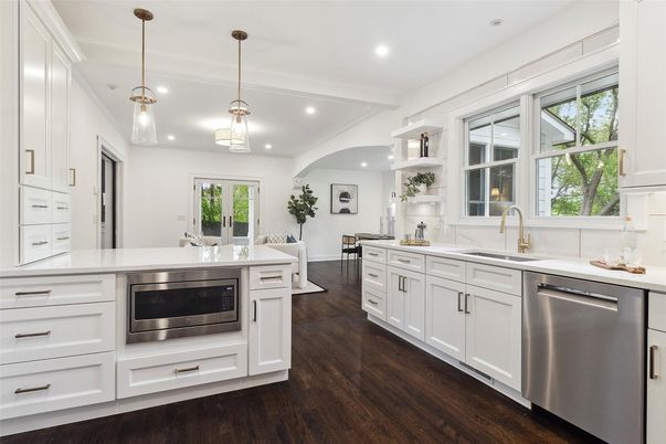 Interior, Kitchen, Pendant Lights, Recessed Lighting, Stainless Steel Appliances, Wood Texture Flooring