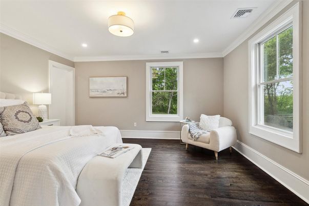 Bedroom, Interior, Recessed Lighting, Wood Texture Flooring