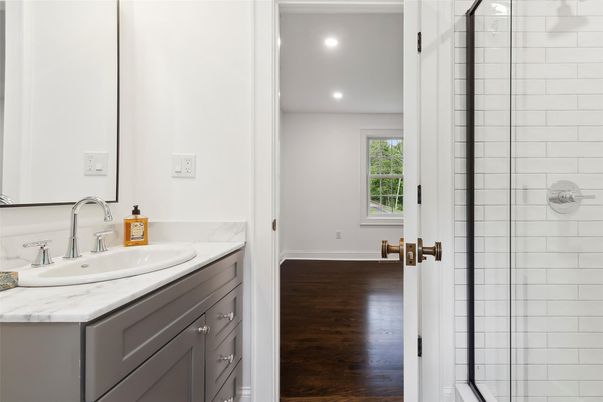 Bathroom, Glass Shower, Interior, Recessed Lighting, Wood Texture Flooring