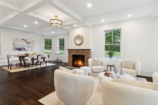 Chandelier, Dining room, Fireplace, Interior, Living room, Recessed Lighting, Wood Texture Flooring