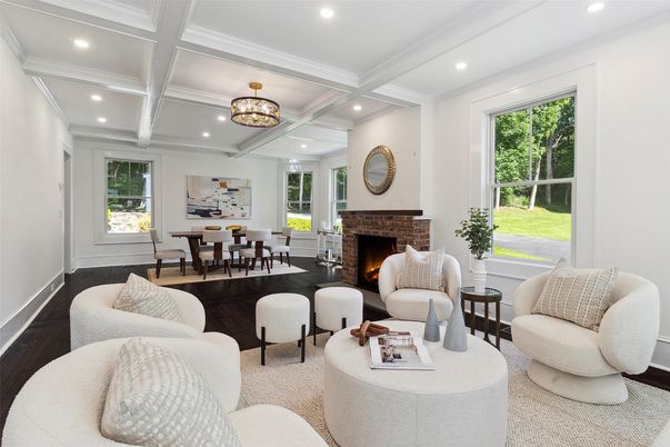 Dining room, Fireplace, Interior, Living room, Recessed Lighting, Wood Texture Flooring