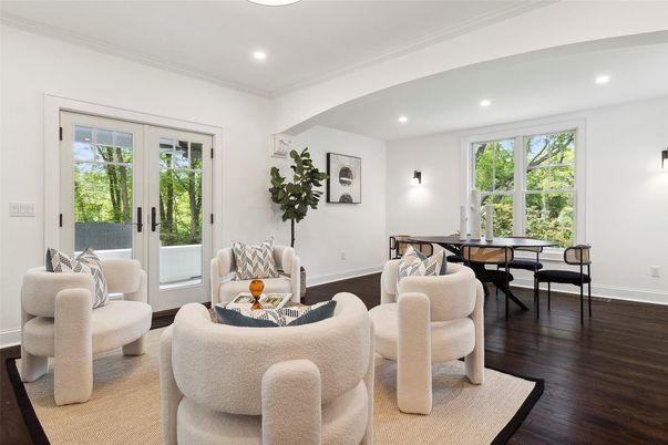 Dining room, Interior, Living room, Recessed Lighting, Wood Texture Flooring