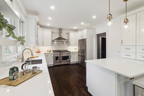 Interior, Kitchen, Pendant Lights, Recessed Lighting, Stainless Steel Appliances, Wood Texture Flooring