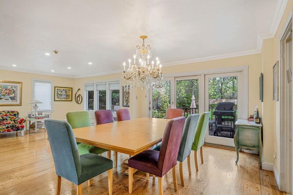 Chandelier, Dining room, Fireplace, Interior, Recessed Lighting, Wood Texture Flooring