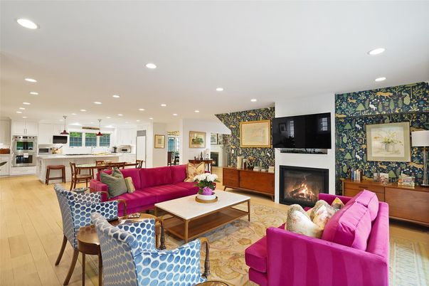 Fireplace, Interior, Kitchen, Living room, Pendant Lights, Recessed Lighting, Stainless Steel Appliances, Wood Texture Flooring