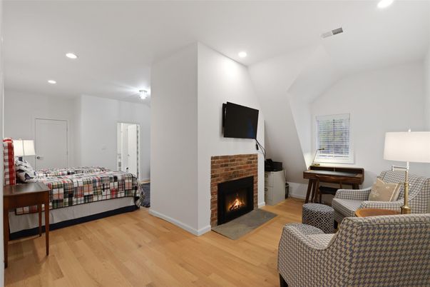 Bedroom, Fireplace, Interior, Piano, Recessed Lighting, Wood Texture Flooring