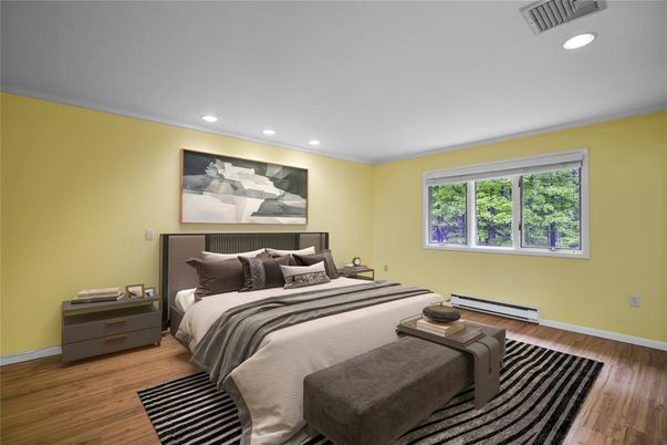 Bedroom, Interior, Recessed Lighting, Wood Texture Flooring