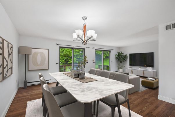 Chandelier, Dining room, Interior, Wood Texture Flooring