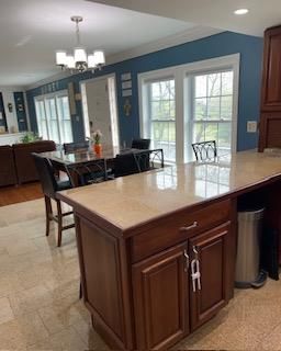 Chandelier, Dining room, Interior, Kitchen, Living room, Recessed Lighting, Wood Texture Flooring