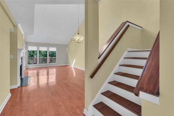 Empty room, Fireplace, Interior, Pendant Lights, Wood Texture Flooring