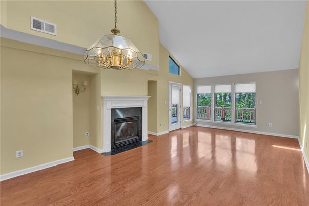 Chandelier, Empty room, Fireplace, Interior, Wood Texture Flooring