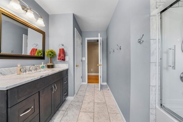 Bathroom, Dual Sink Vanities, Glass Shower, Interior, Marble, Marble Walls