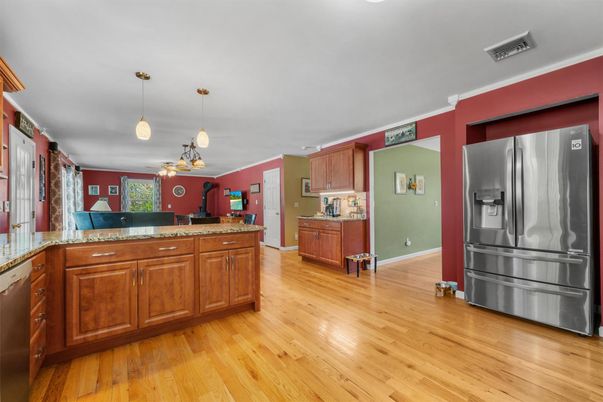 Interior, Kitchen, Pendant Lights, Stainless Steel Appliances, Wood Texture Flooring