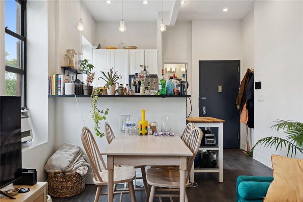 Dining room, Interior, Kitchen, Pendant Lights, Recessed Lighting, Wood Texture Flooring