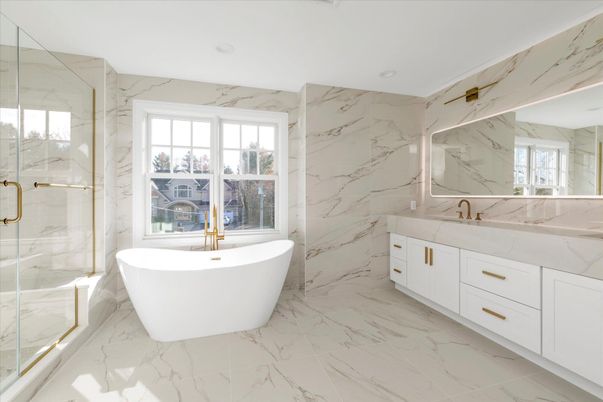 Bathroom, Dual Sink Vanities, Free Standing Baths, Glass Shower, Interior, Marble, Marble Walls, Recessed Lighting