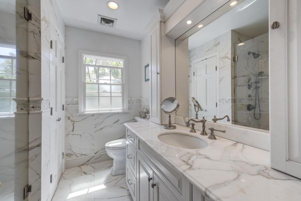 Bathroom, Glass Shower, Interior, Marble, Marble Walls, Recessed Lighting