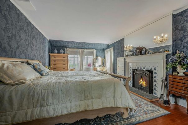 Bedroom, Chandelier, Fireplace, Interior, Wood Texture Flooring