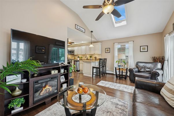 Dining room, Fireplace, Interior, Kitchen, Living room, Pendant Lights, Wood Texture Flooring