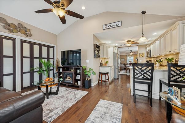 Interior, Kitchen, Pendant Lights, Recessed Lighting, Wood Texture Flooring