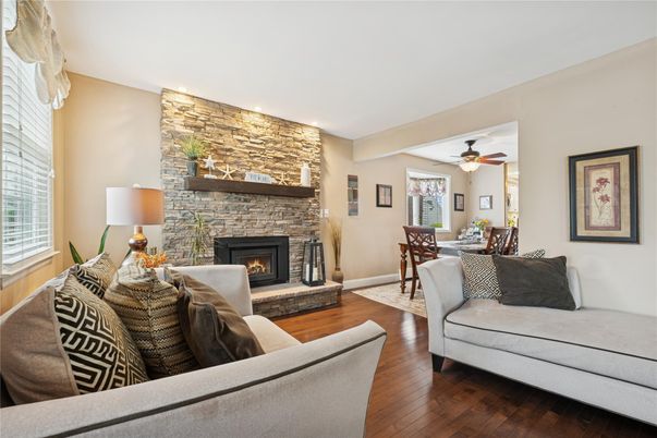 Dining room, Fireplace, Interior, Living room, Stone Walls, Wood Texture Flooring