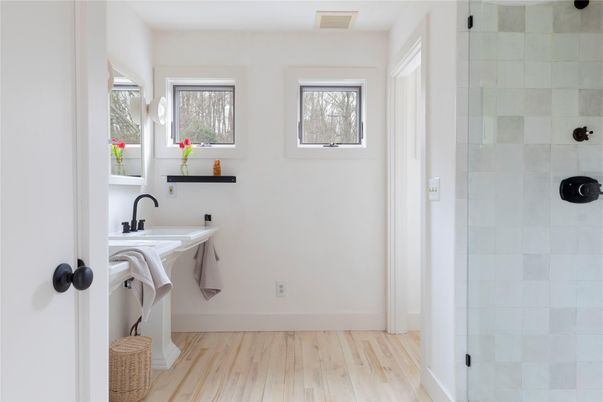 Bathroom, Glass Shower, Interior, Wood Texture Flooring