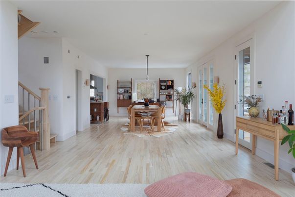 Dining room, Interior, Pendant Lights, Wood Texture Flooring