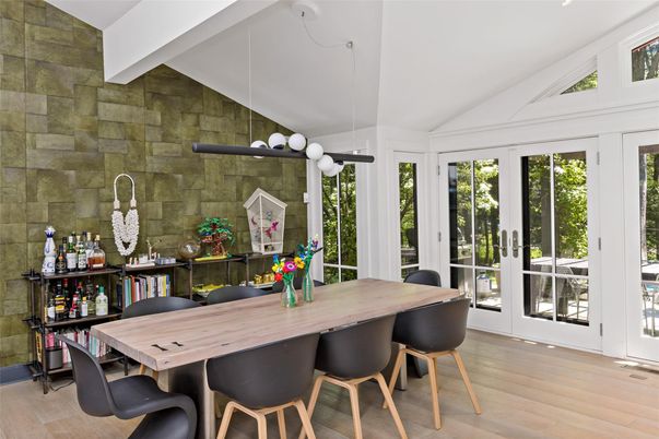 Dining room, Interior, Stone Walls, Wood Texture Flooring
